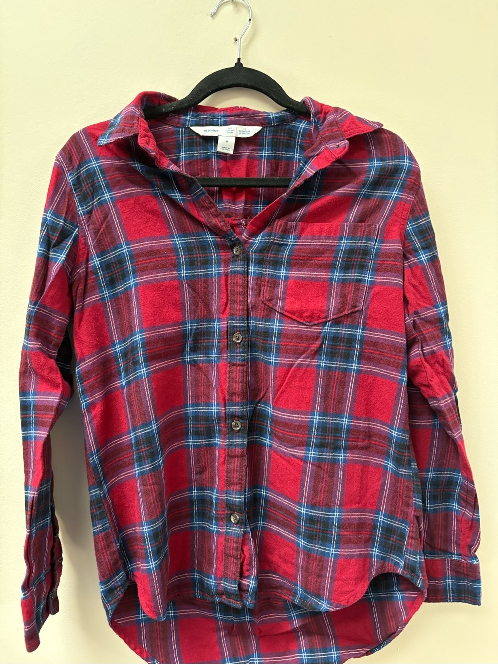 Old Navy Red Plaid Button-Down Shirt with Blue Accents